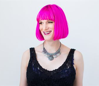 A woman with pink hair